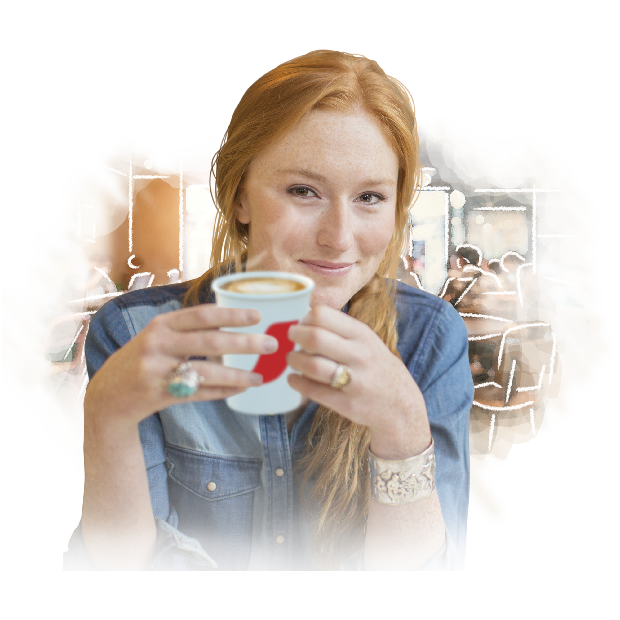 Una joven pelirroja toma un vaso de cappuccino NESCAFÉ® en una cafetería