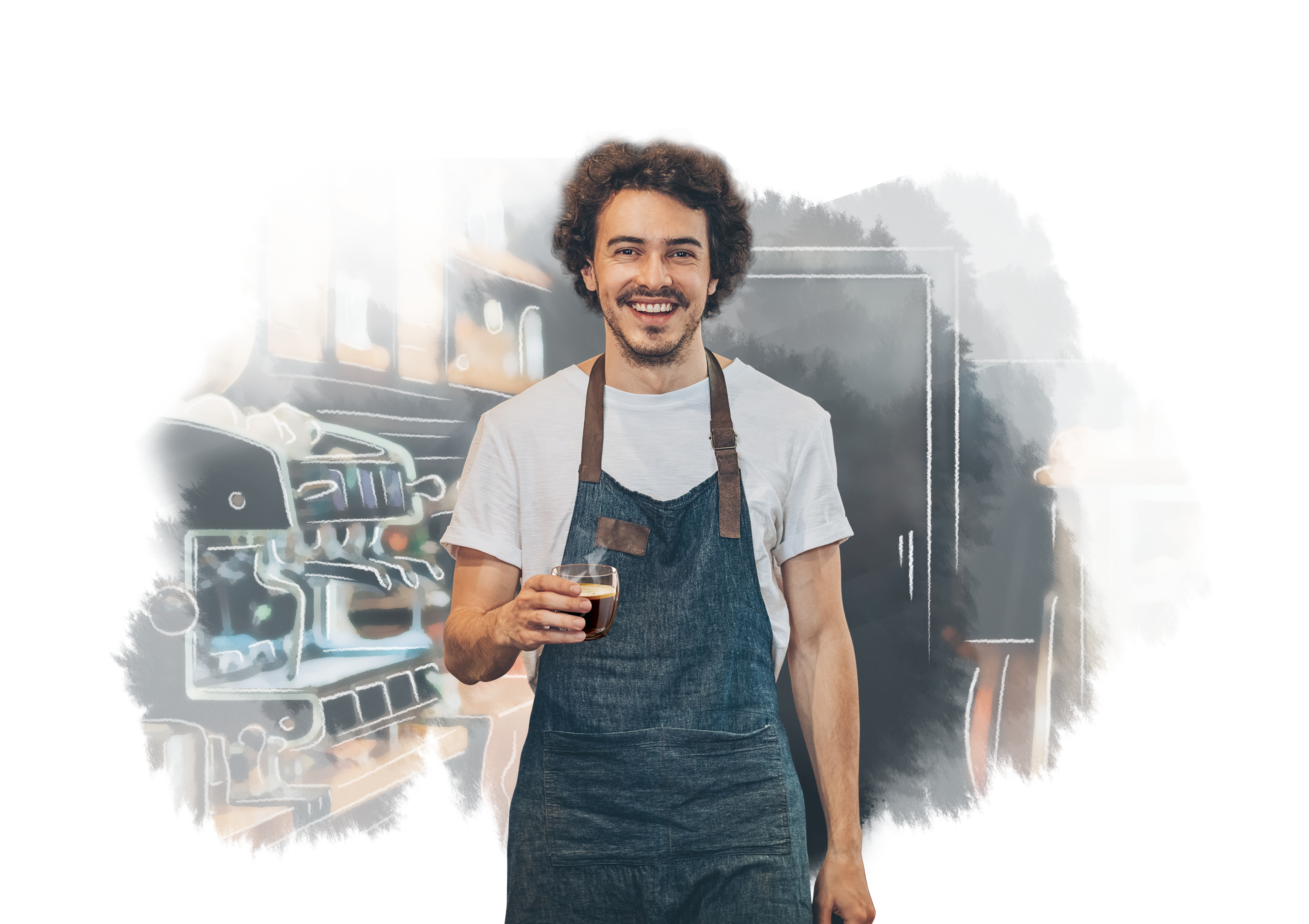 Un joven barista con mandil azul se acerca para servirte con una taza de café