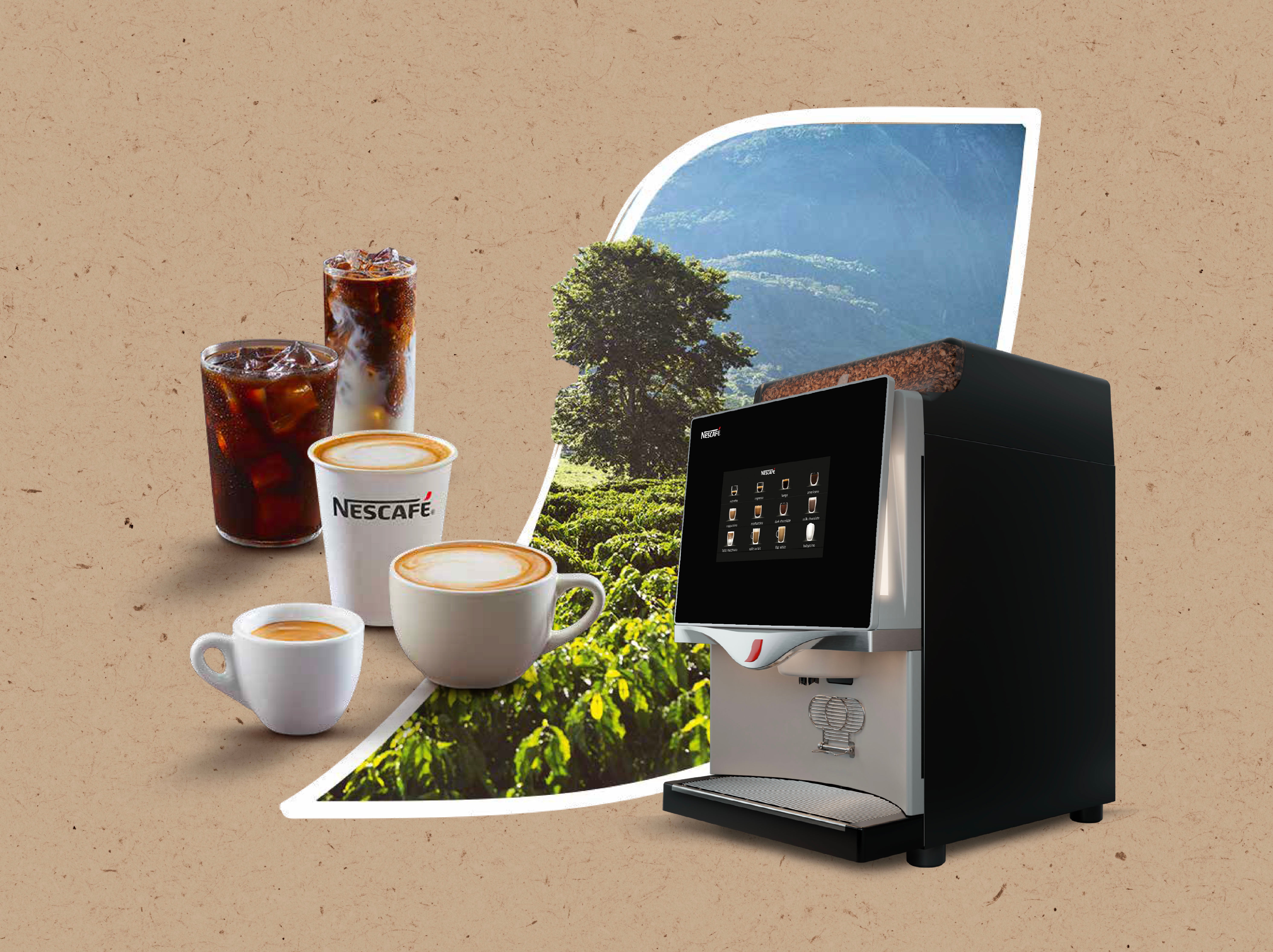 Máquina de café profesional NESCAFÉ con vasos de capuchino, espresso y café frío