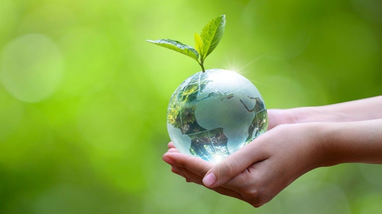 Manos de mujer sosteniendo una planta verde en el planeta tierra como gota de agua