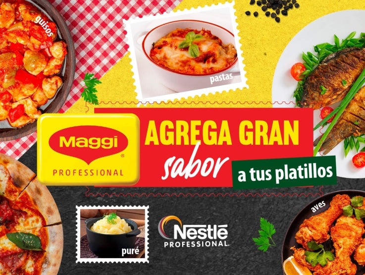 Collage de diferentes tipos de comida y texto &quot;Agrega gran sabor a tus platillos&quot;