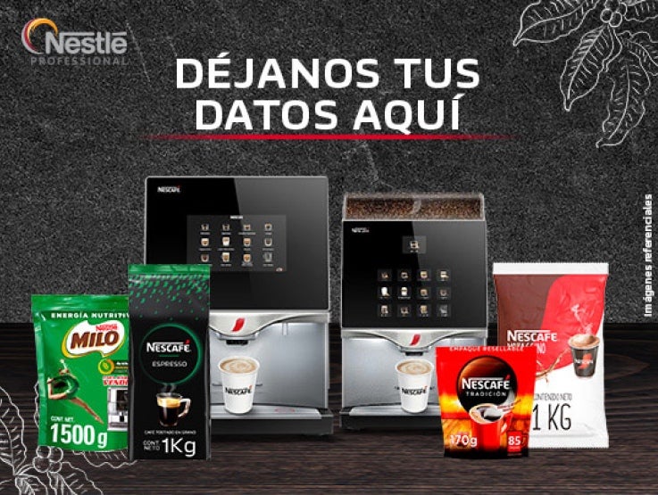 Dos Máquinas de Café Nescafé junto a productos de Nestlé Professional con un texto que dice &quot;DÉJANOS TUS DATOS AQUÍ”