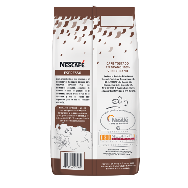 Café Nescafé Espresso, 1 kg, grano entero tostado con intensidad 8/10 y notas de cacao y modo de preparación.