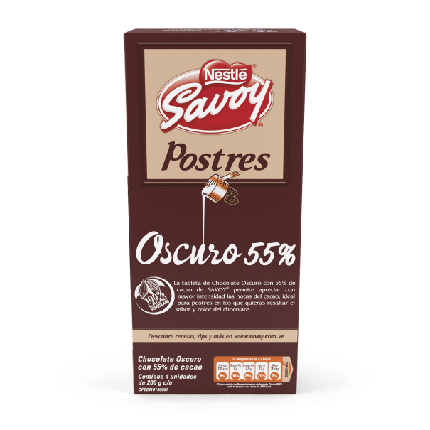 Chocolate Nestlé Savoy Postres con un 55% de cacao, ideal para repostería. Cada tableta contiene 4 unidades de 200 g.