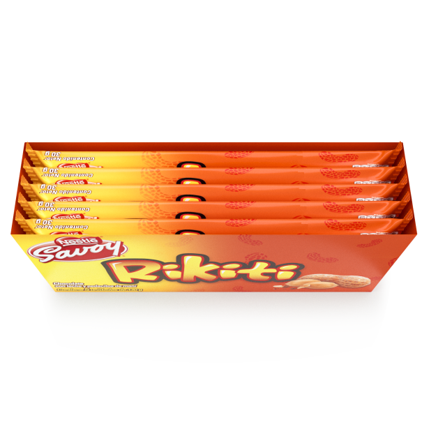 RIKITI® es una barra de chocolate con leche y pedacitos de maní. Cada display contiene 5 unidades de 130g cada una.