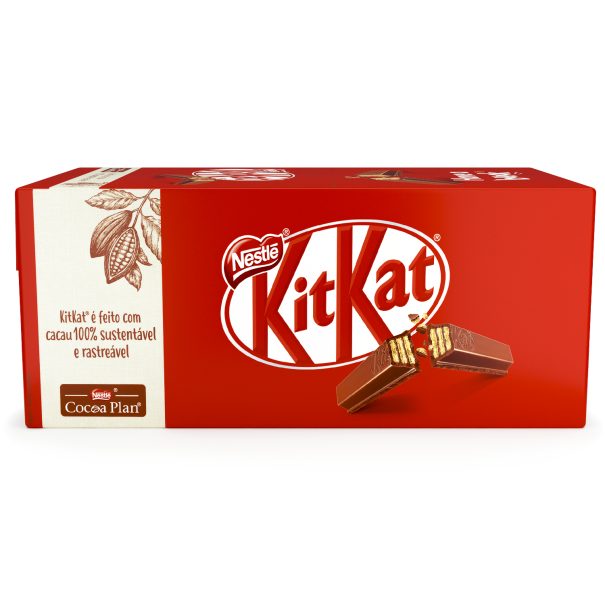 Caja de Kit Kat de chocolate con galleta de la marca Nestlé, hecho con cacao 100% sostenible 