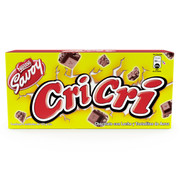 Caja de chocolate Cri-Cri de la marca Savoy de Nestlé. Contiene chocolate con leche y tostaditas de arroz