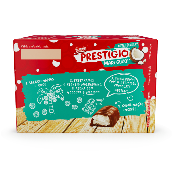 Caja de chocolate Prestigio con más coco, de Nestlé, sobre fondo blanco