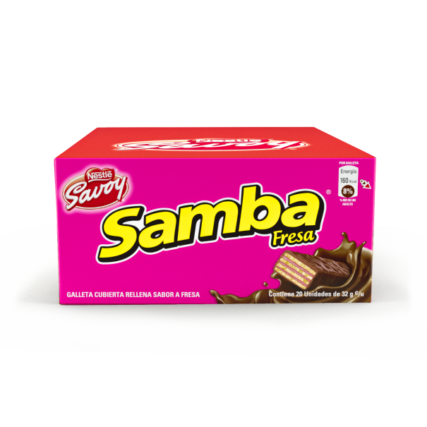 Caja de galletas Samba Fresa. Contiene 20 unidades y tiene un relleno sabor fresa con una cubierta de chocolate.