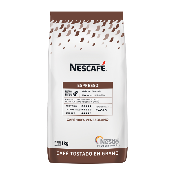 Café tostado en grano Nescafé Espresso en bolsa frontal de 1kg. Suministro para cafeterías y restaurantes profesionales