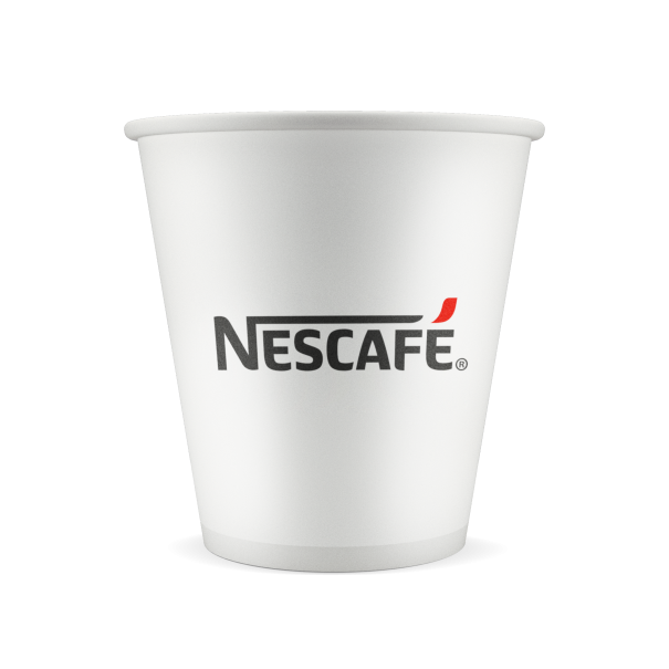 Vaso desechable blanco con el logo rojo y negro de Nescafé. Ideal para llevar café de manera práctica y rápida