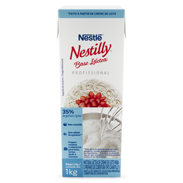 Crema de leche Nestlé Nestilly. Tiene un contenido de grasa del 35% en una presentación de 1 kg