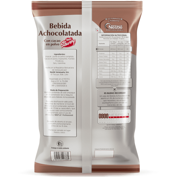 Bebida achocolatada en polvo Nestlé Savoy, contenido neto 1600 g. Ingredientes del producto y tabla nutricional.