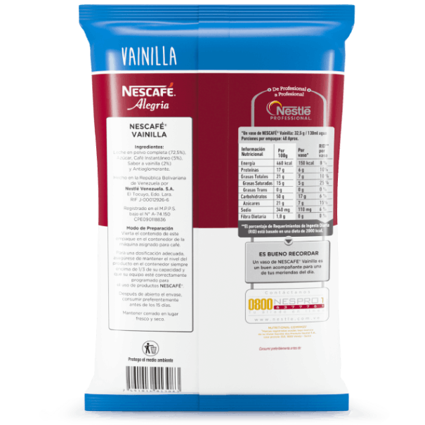 Una bolsa de café cappuccino con sabor a vainilla, en formato de 1 kg. Tabla nutricional y modo de preparación.