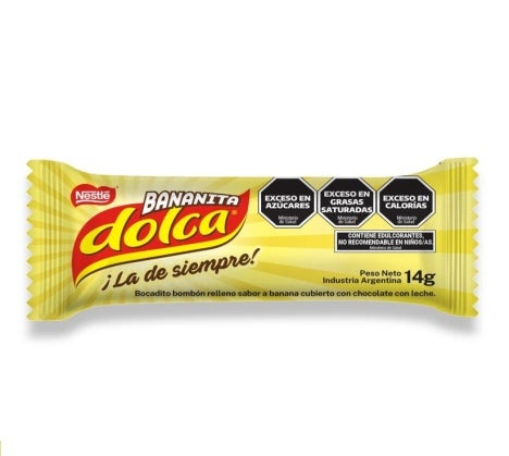 Pack de frente del producto Bananita Dolca Nestlé de 14 gramos