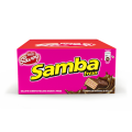 Caja de galletas Samba Fresa. Contiene 20 unidades y tiene un relleno sabor fresa con una cubierta de chocolate.