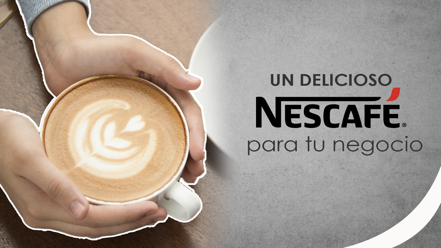 Manos de persona rodeando taza de café junto a leyenda “Un delicioso Nescafé para tu negocio”