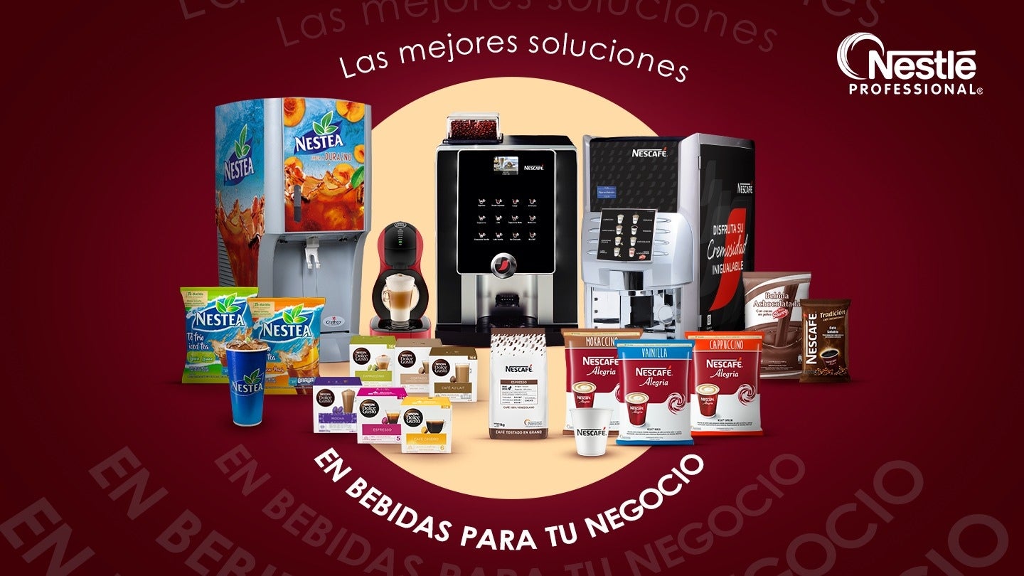 Productos y máquinas de Nestlé Professional junto a leyenda “Las mejores soluciones en bebidas para tu negocio”