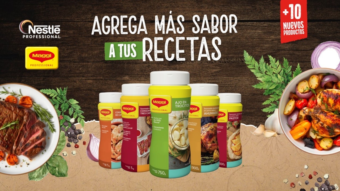 Banner con cinco sazonadores MAGGI® que presenta sus nuevos productos e invita a agregar más sabor a tus recetas
